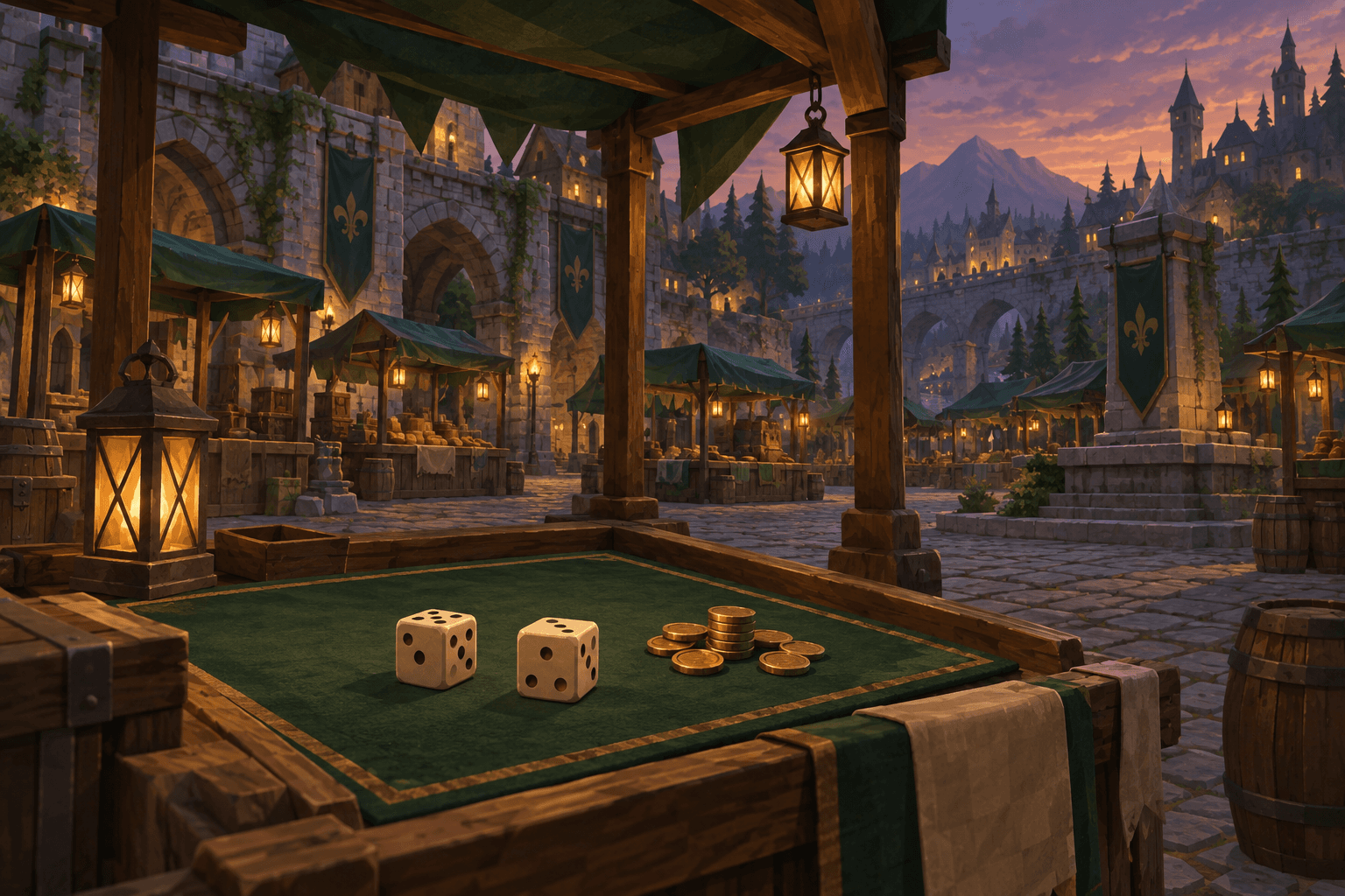 A torchlit stone dicing corner with a wooden game table